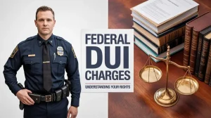 Federal DUI Outer Banks Lawyer graphic featuring a police officer, scales of justice, and text reading FEDERAL DUI CHARGES: UNDERSTANDING YOUR RIGHTS.