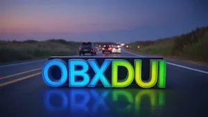 Outer Banks DUI defense graphic showing &ldquo;OBX DUI&rdquo; illuminated on a coastal highway at dusk, representing North Carolina DWI charges and criminal defense representation in the OBX by attorney Danny Glover Jr.