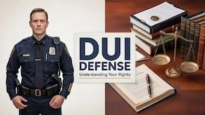 North Carolina DUI defense illustration showing a uniformed police officer beside legal books, scales of justice, and documents labeled &ldquo;DUI Defense,&rdquo; representing OUTER BANKS Driving While Impaired charges and constitutional rights in NC criminal court.