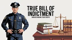True bill of indictment graphic with police officer and scales of justice explaining Outer Banks OBX North Carolina criminal charges and grand jury process